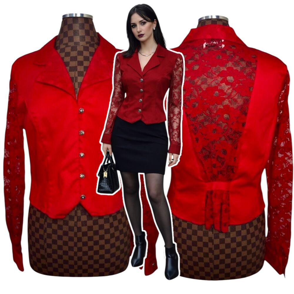 Vtg 80s Banjo Red Lace Crop Jacket Womens Size M/L Blazer Glam Vamp Gothic Sheer